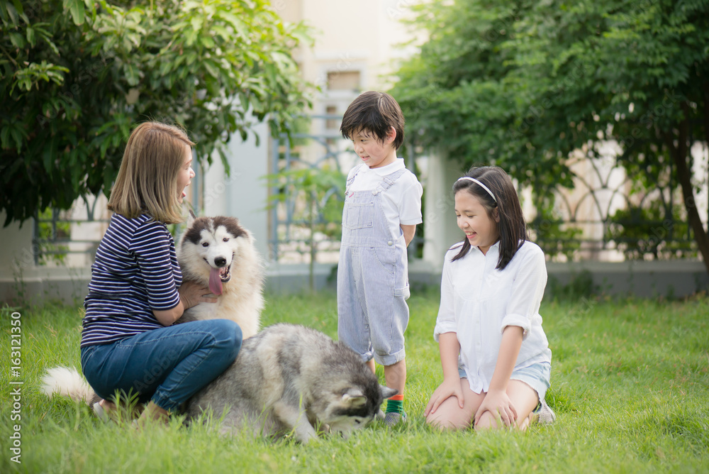 Happy Asian family playing with siberian husky dog Happy Asian family playing with siberian husky dog