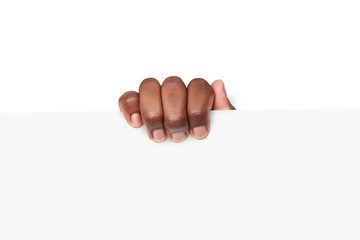 Black hand holding blank advertising card