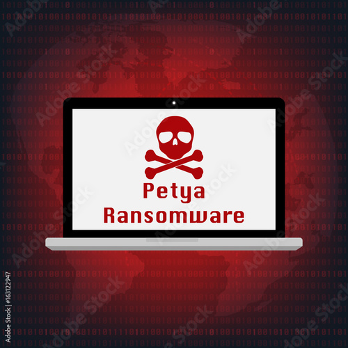 Malware Ransomware Petya virus encrypted files on laptop computer screen with world map background. Vector illustration cybercrime and cyber security concept.