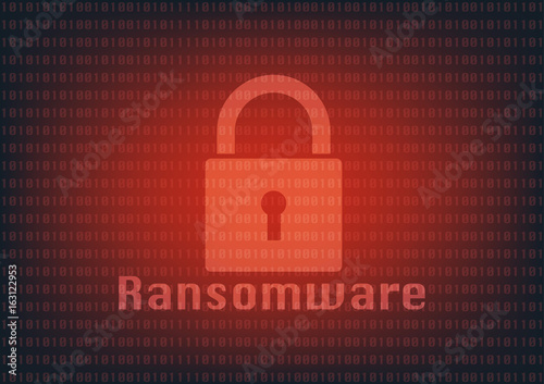 Abstract Malware Ransomware virus encrypted files with key on binary bit background. Vector illustration cybercrime and cyber security concept.