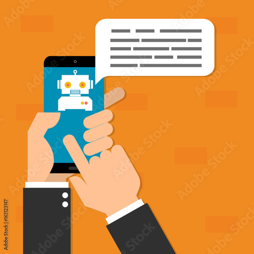 Human hand hold mobile phone with chatbot mobile on orange background.Vector illustration Chatbots AI artificial intelligence technology concept.
