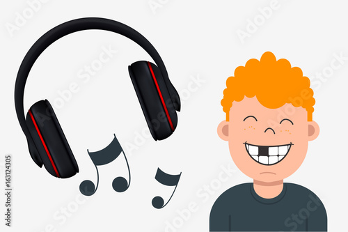 Joyful Boy with Missing Tooth Listening to Music. Headphone and Musical Notes