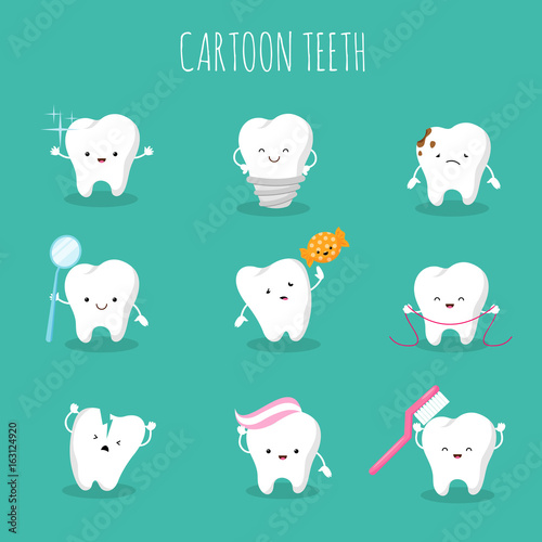 Cute cartoon tooth vector set. Baby teeth health and hygiene icons photo