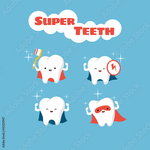Superhero smiling kids teeth vector characters
