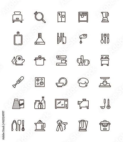 Cuisine, kitchen tools and appliances line vector icons. Restaurant cooking pictograms