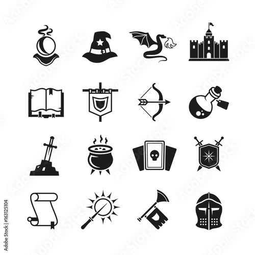 Fantasy medieval tale vector icons. Mystery magic and knight pictograms
