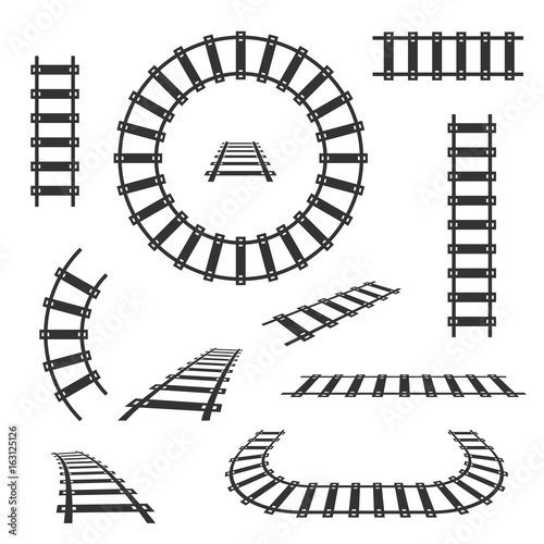 Straight and curved railroad tracks vector black icons