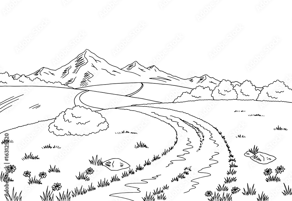 Rural road graphic black white landscape sketch illustration vector ...