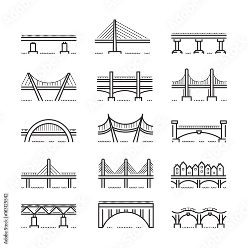 Set of linear icons bridges of different typologies and designs. Vector logos bridges in flat outline style isolated on white background.
