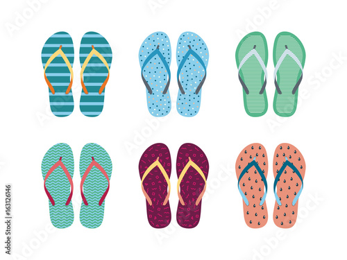 Summer flip flops set isolated on white background. Flip flops with different designs drawn in flat style