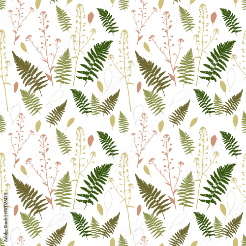 Floral vector seamless pattern with fern leaves  shepherd s purse plant and stylized leaves.