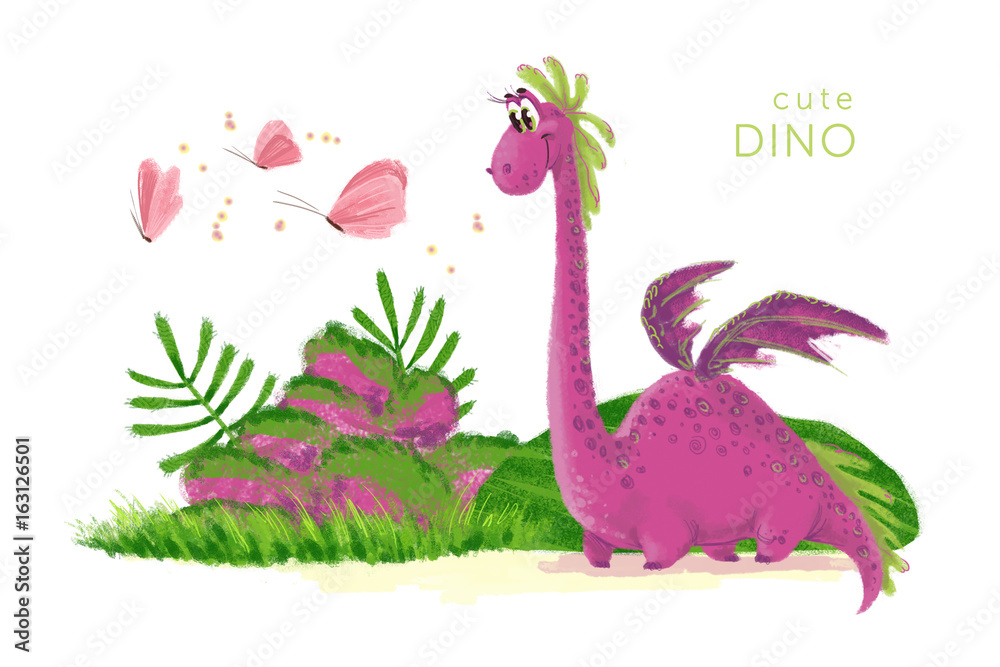 Fototapeta premium Ręcznie rysowane artystyczny zabawny portret dinozaura z elementami przyrody na białym tle. Przyjazny projekt postaci zwierząt. Ilustracja książki dzieci.