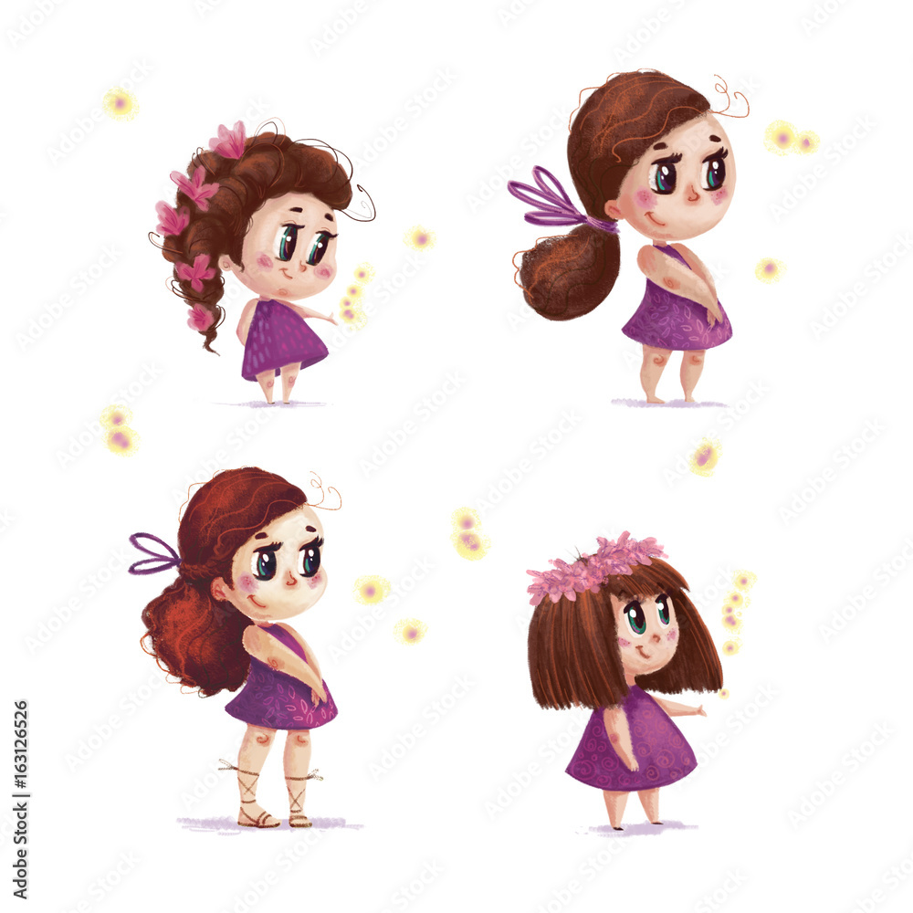 Collection of hand drawn portrait of cute little girl with long brown hair standing isolated on white background. Pretty child illustration with nature firefly elements. Collection of hand drawn portrait of cute little girl with long brown hair standing isolated on white background. Pretty child illustration with nature firefly elements.