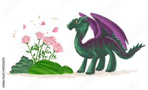 Hand drawn artistic funny dinosaur portrait with butterfly and rose bush isolated on white background. Friendly animal character design. Children book illustration.