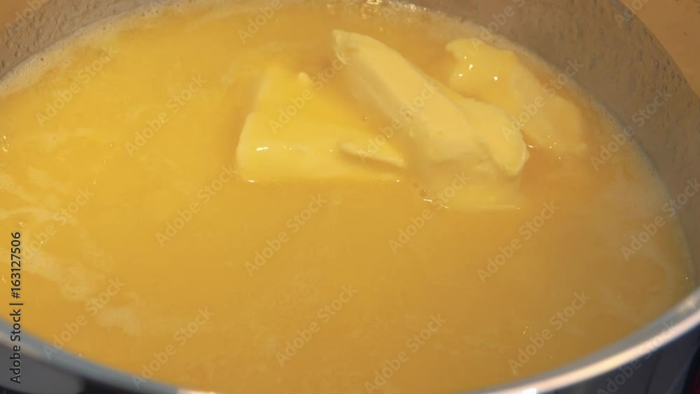 Pieces of butter melt in a steel bowl - closeup Pieces of butter melt in a steel bowl - closeup