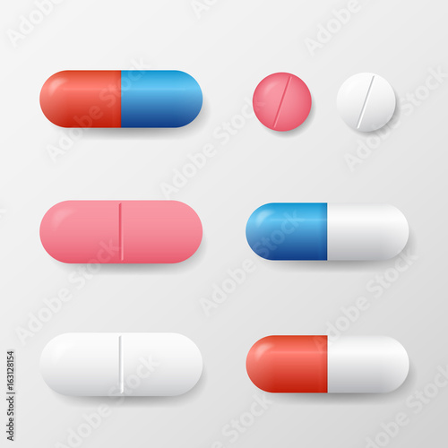 Set of various vector pills and tablets isolated on white background