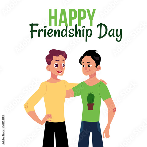 Happy friendship day greeting card design with two men, friends hugging each other, cartoon vector illustration on white background. Half length portrait of male friends, friendship day greeting card