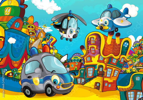 Cartoon police car smiling and looking in the parking lot / plane and helicopter flying over - illustration for children