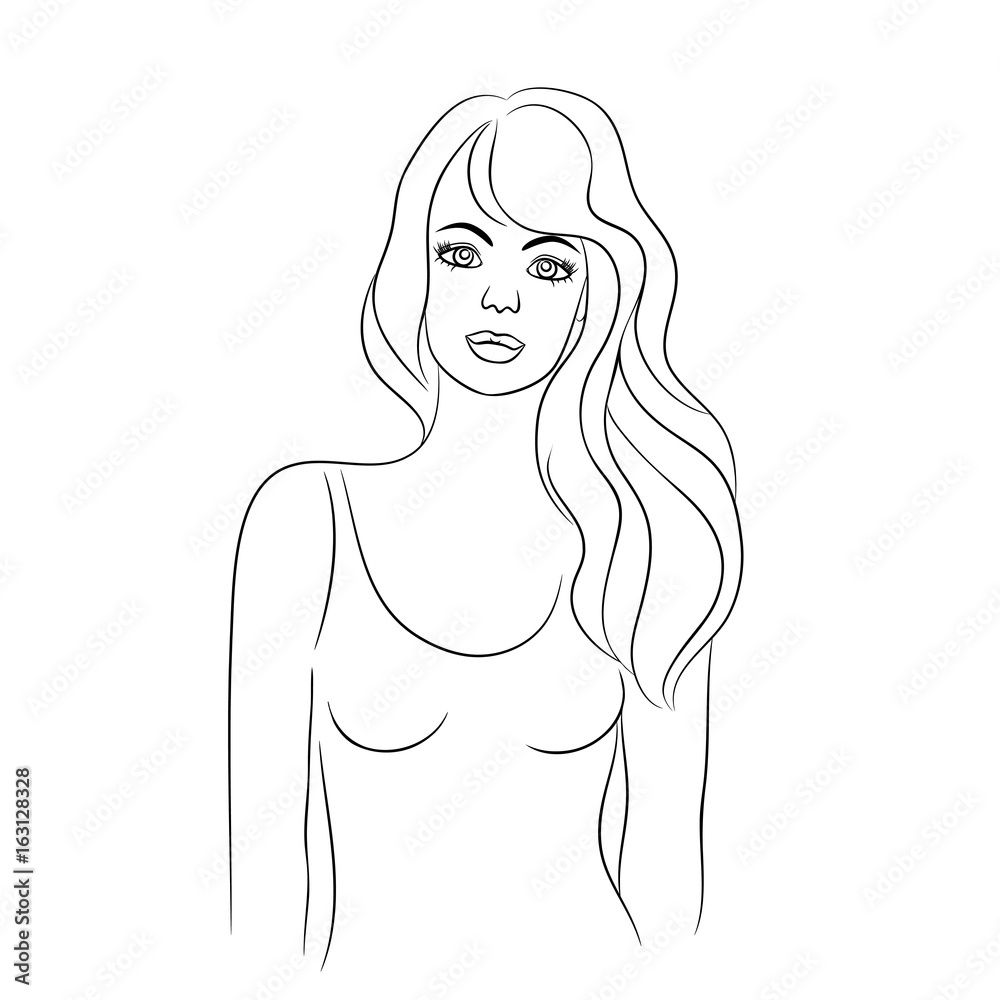 vector white black contour fasion girl with hair vector white black contour fasion girl with hair