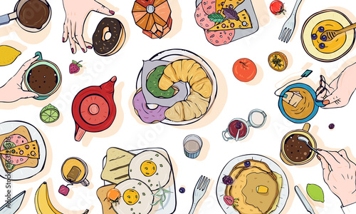 Horizontal advertising illustration on breakfast theme. Colorful vector hand drawn table with drink, pancakes, sandwiches, eggs, croissants and fruits. Top view.