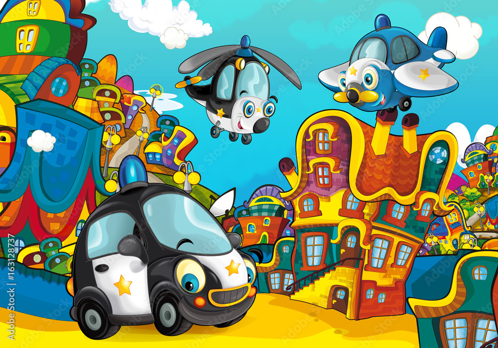 Cartoon police car smiling and looking in the parking lot / plane and helicopter flying over - illustration for children Cartoon police car smiling and looking in the parking lot / plane and helicopter flying over - illustration for children