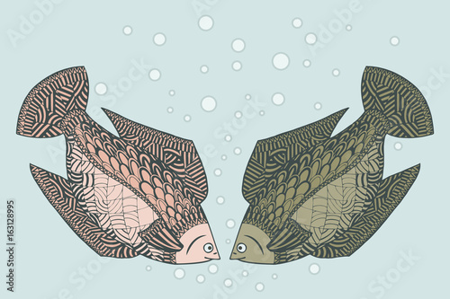 Two loving fish. Zen tangle vector. Zentangle Undersea animals.