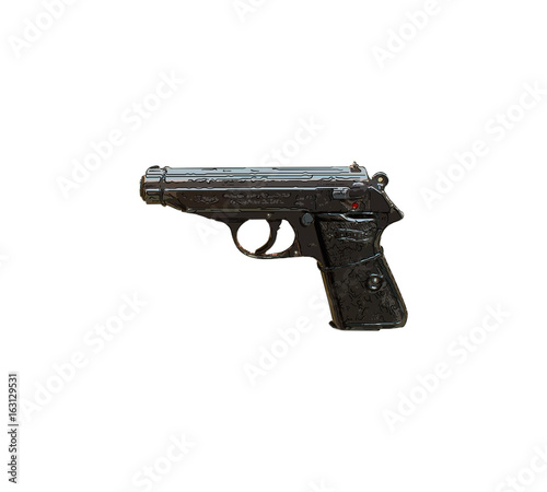 Close up on old vintage illustration of pistol on white background photo