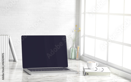 3D Rendering : illustration of modern interior Creative designer office desktop with PC computer.pc laptops mock up working place of graphic design.light from outside. clipping path included © ittoilmatar