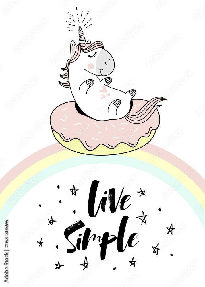 Magic cute unicorn on donut swimming ring. Vector greeting card. Magic cute unicorn on donut swimming ring. Vector greeting card.