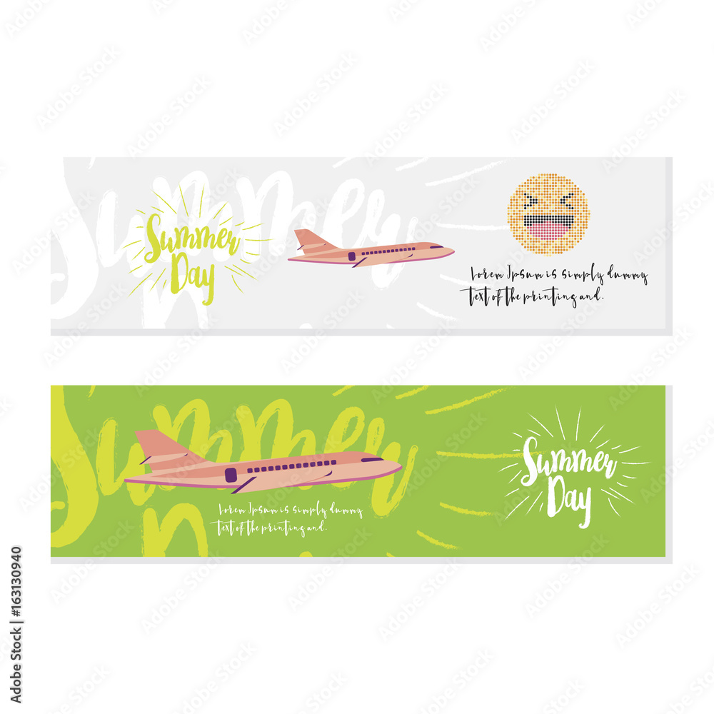 Summer day set greeting card. Font inscription with an airplane on the background. Flat vector illustration EPS 10