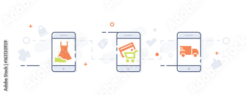 Vector set of linear flat icons and infographics design elements - internet shopping process
