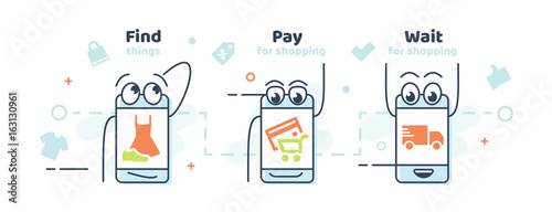 Vector set of linear flat icons and infographics design elements - internet shopping process