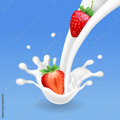 Strawberry and Milk pouring with splash Fruit in yogurt or milkshake Vector realistic illustration