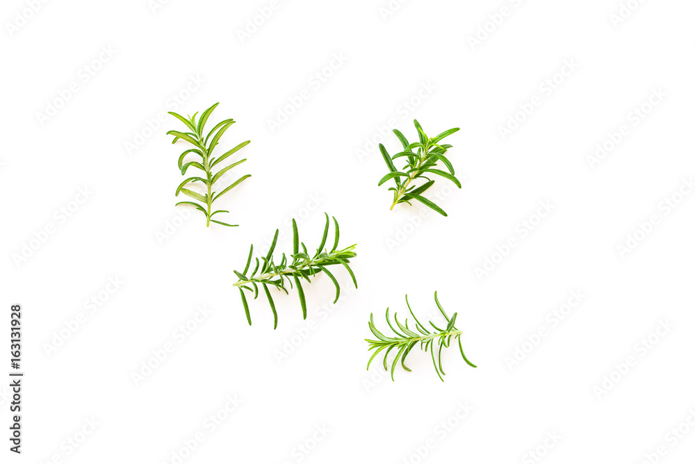 Naklejka premium Fresh branches with leaves of organic rosemary seen from above isolated on a white background