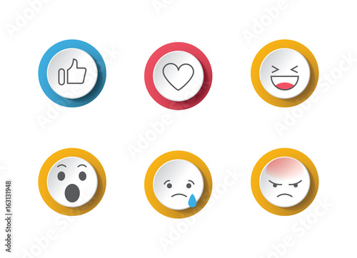 Social network feedback reactions icons - thumbs up, love, smile, angry, wonde