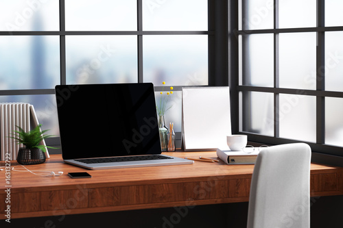 3D Rendering : illustration of modern interior Creative designer office desktop with PC computer. close up pc laptops mock up working place of graphic design.light from outside. clipping path included