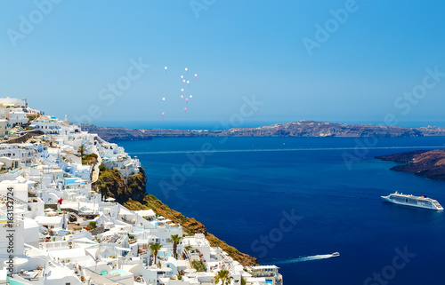 View to the sea and Volcano from Fira capital of Santorini island in Greece