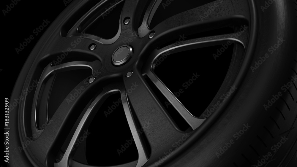 Tire Wheel Black Brushed Metal 3D Rendering Tire Wheel Black Brushed Metal 3D Rendering