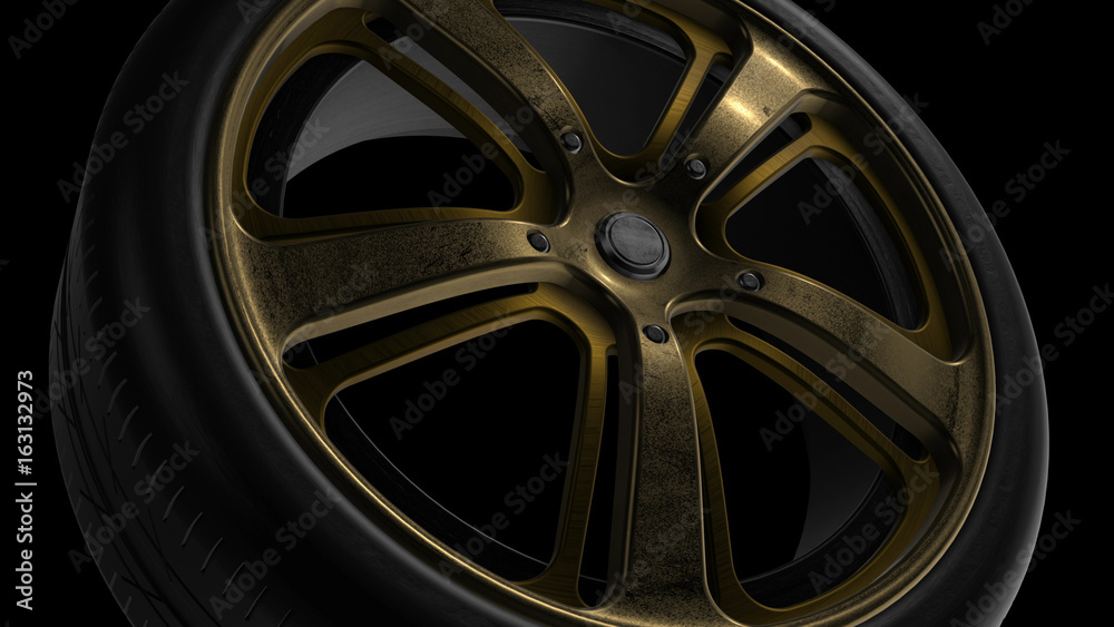 Tire Wheel Gold Metal 3D Rendering