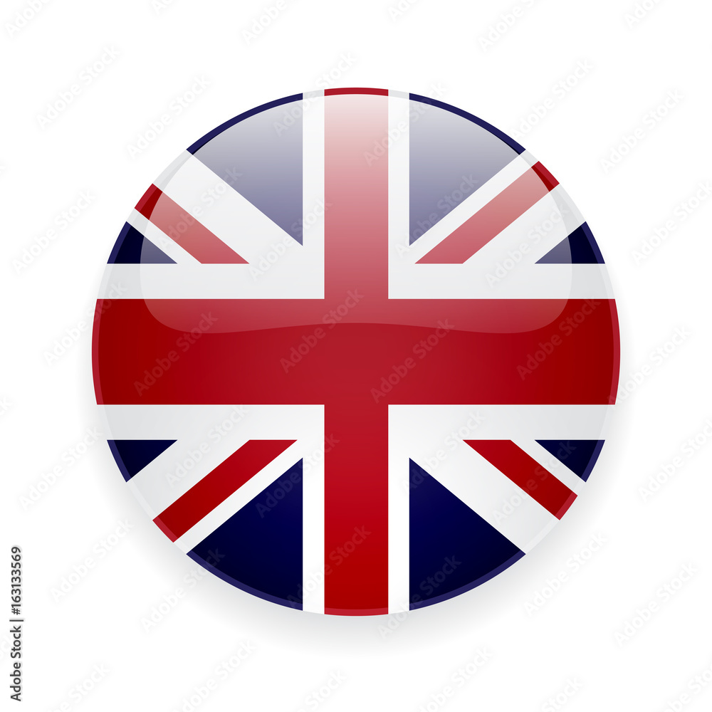 Round glossy icon with national flag of the UK on white background