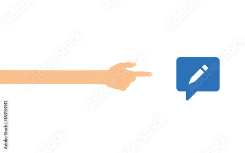 Hand zeigt auf - Sprechblase mit Stift - Kommentar schreiben