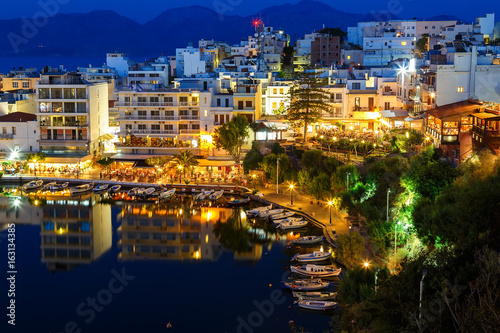 Agios Nikolaos City and Voulismeni Lake at Night Crete, Greece