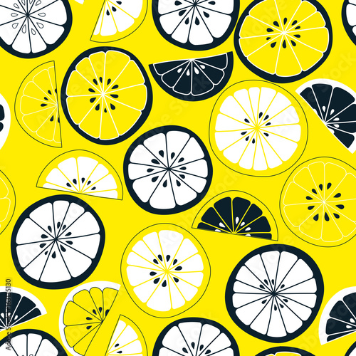 Seamless citrus pattern. Fruit vector background. Colorful background with lemon and orange. Natural and healthy food. Fresh juice