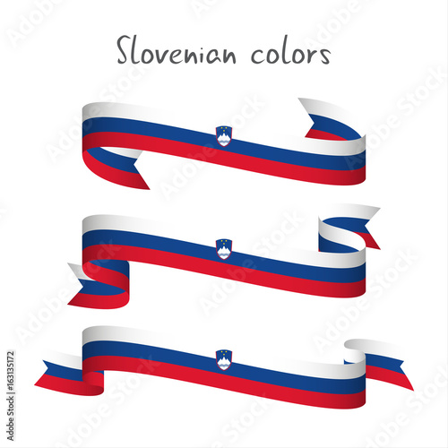 Set of three modern colored vector ribbon with the Slovenian tricolor isolated on white background, abstract Slovenian flag, Made in Slovenia logo