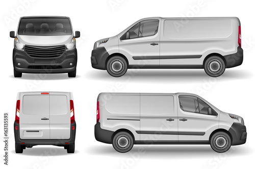 Cargo vehicle front, side and rear view. Silver delivery mini van isolated. Delivery Van Mockup for Advertising and Corporate transport. Vector illustration of Realistic car. photo