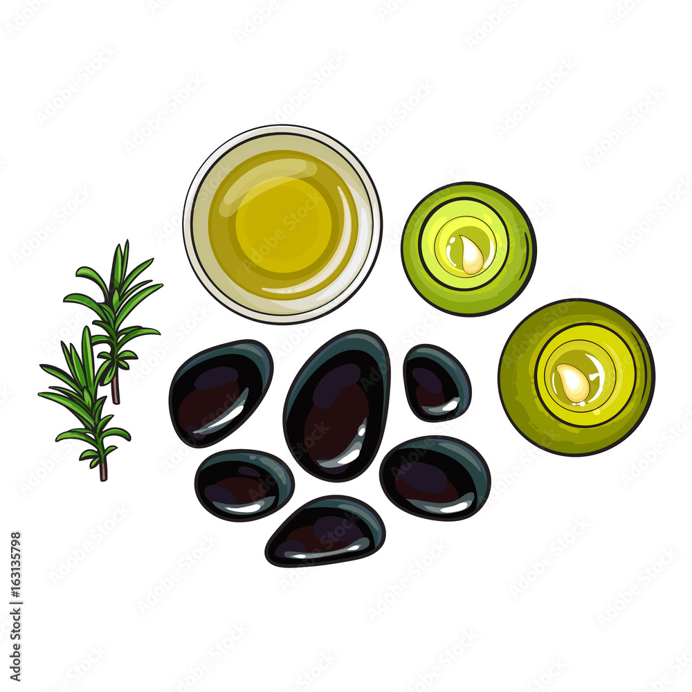 Set of spa salon accessories - basalt stones, massage oil, candles sketch vector illustration on white background. Spa set - stones, massage oil, candles