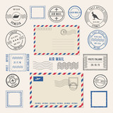 Vector illustrations of letters and postmarks, airmail designs. Antique stamps