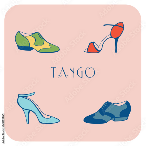 Hand drawn argentine tango poster with dancing shoes for men, women, in vintage colors, with text.