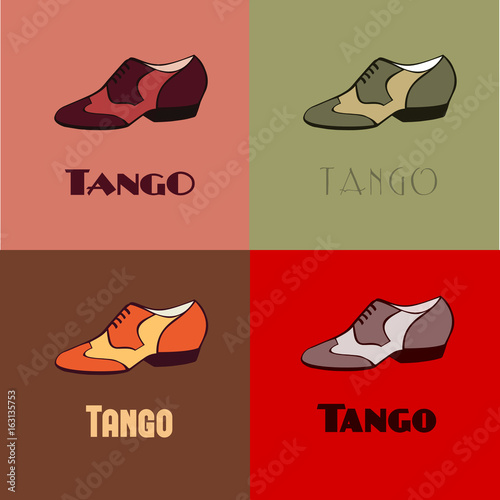 Hand drawn argentine tango dancing shoes poster with alternatively colored set of men shoes in vintage colors, with word tango.