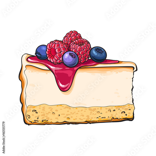 Hand drawn piece of cheesecake decorated with fresh berries, sketch style vector illustration isolated on white background. Realistic hand drawing of piece, slice of cheesecake, cheese cake